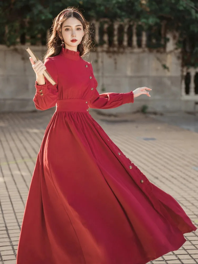 

Женское вельветовое платье с воротником-стойкой, Длинное Красное или черное винтажное элегантное платье из вельвета во французском стиле, Осень-зима 2022