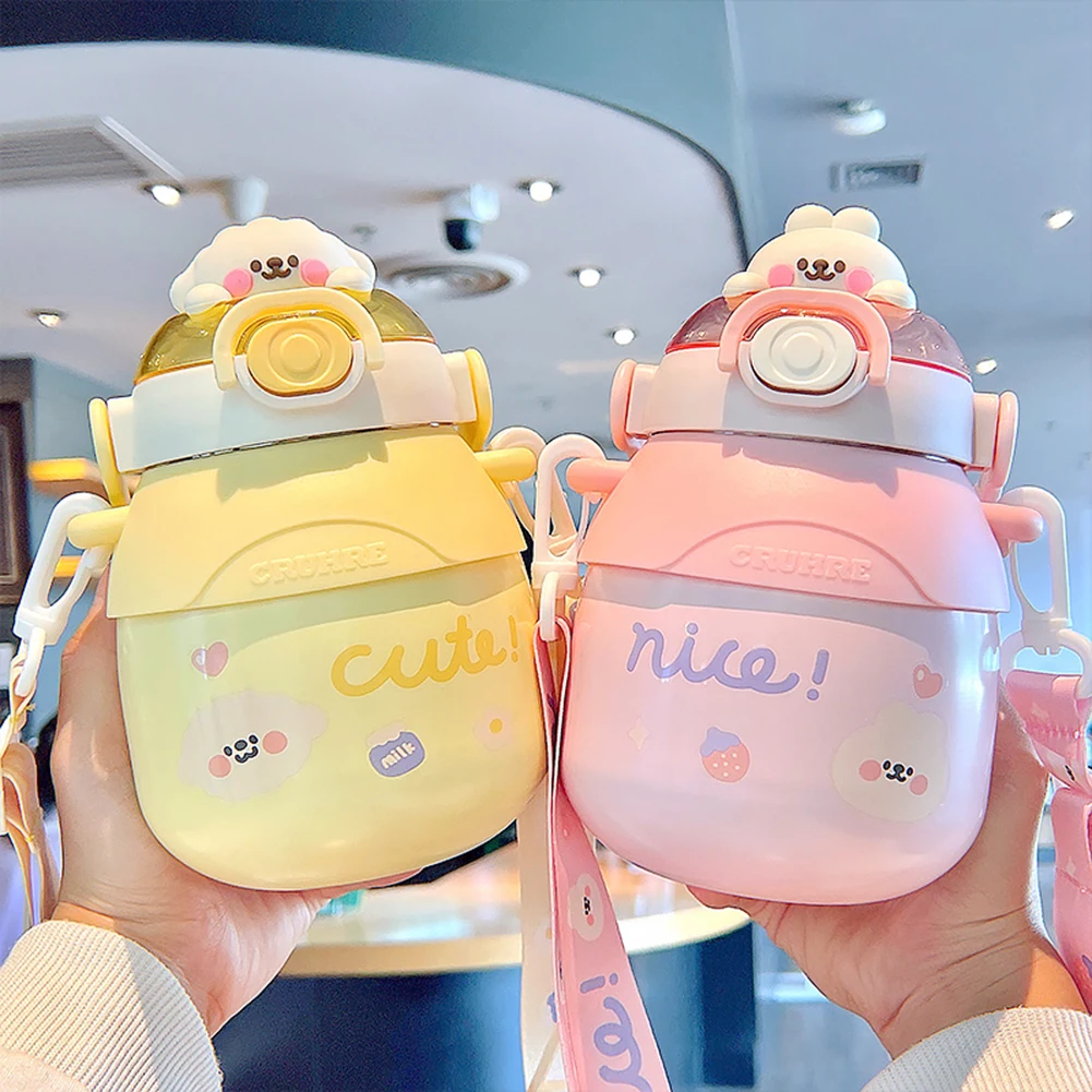 Vacuum Flask With Adjustable Strap Large Capacity Straw Cup For Kids Leak-proof Thermal Water Bottle Hot Water