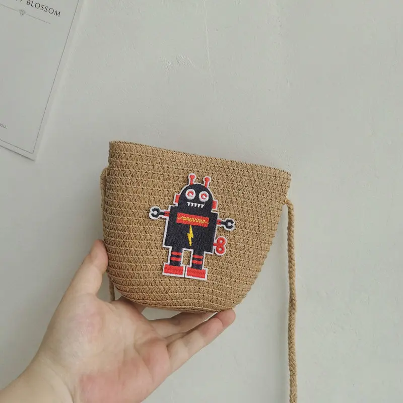 Summer Children Straw Woven Shoulder Bags Baby Kids Mini Coin Purse Handbags Cute Animal Embroidery Girls Small Messenger Bag