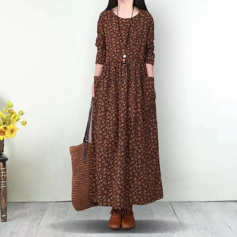 

100% Cotton Long-sleeved Dress Women's 2022 Autumn New All-Match Retro Literary Floral Loose and Thin Bottoming Skirt Commute W9