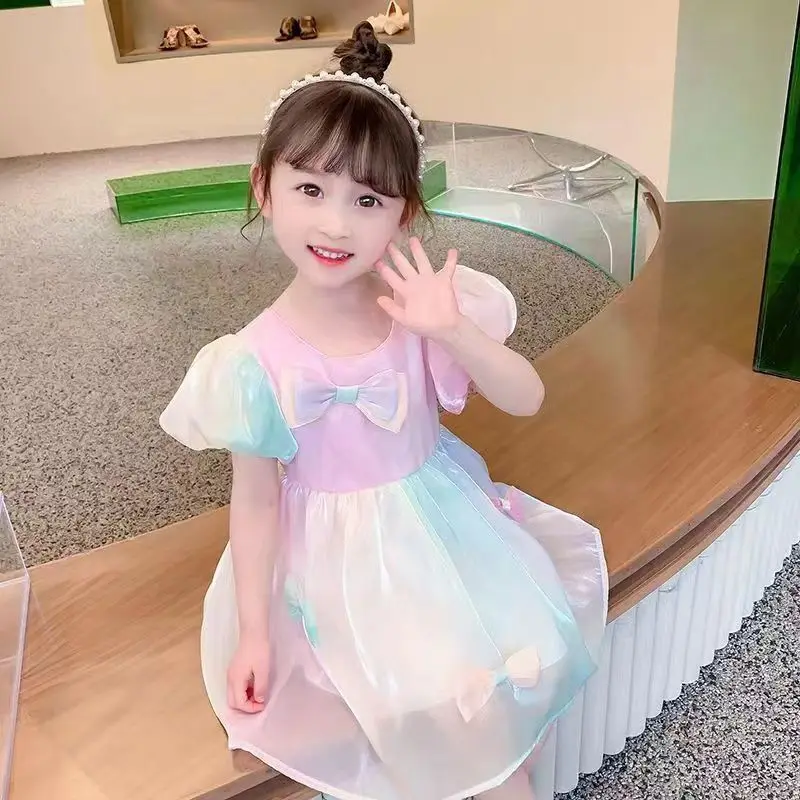 

2022 New Fashion Kids Girls Sister Colorful Bow Tie Pattern Shirt Short Sleeve Dresses Princess Dress