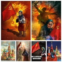 grandma holding red flag picture diamond painting art moscow kremlin and saint basils cathedral landscape cross stitch decor