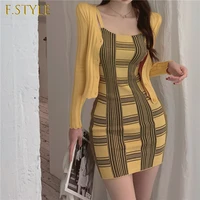 f girls autumn spring girl solid sweater cardigan and plaid mini camis knit dress womens knitted two piece suit for female