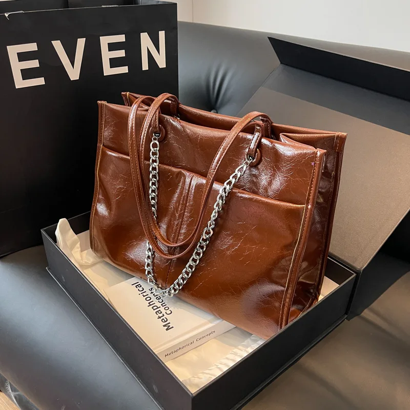 

Pu Leather Travel Large Handbag Woman Shopper Vintage Shoulder Bag Chain Female Bags Women's Tote 2023 Trend Designer Luxury