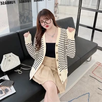 large size womens cardigan 200 jin fat mm increase leisure stripe control v collar korean cardigan jacket