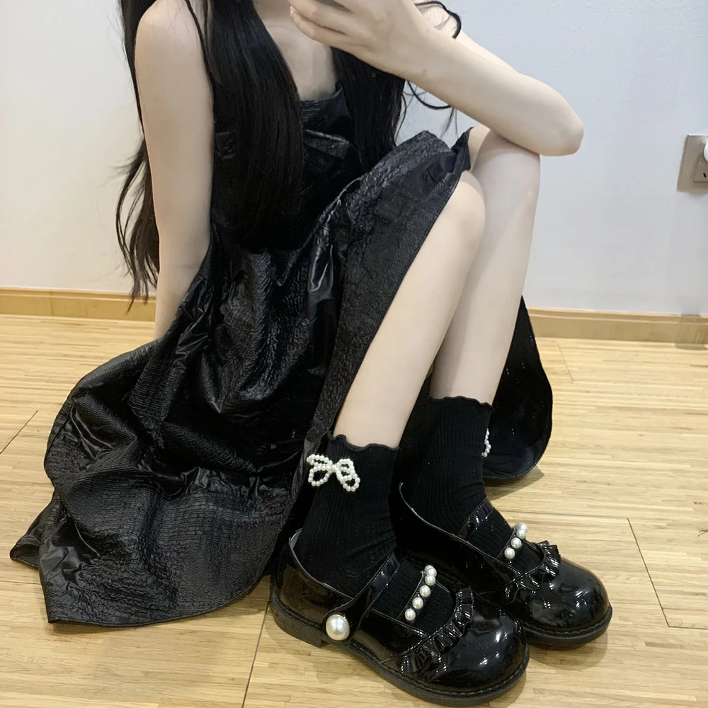 

Детские хлопковые носки charonolлотт, носки средней длины с жемчужным бантом jK, кружевные носки в стиле "Лолита", японские женские носки