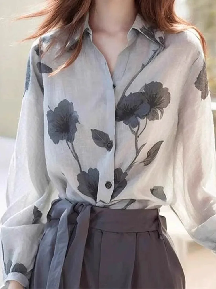 Early Autumn New Sle Temperament Top This Year Popular Unique Beautiful Small Shirt High Sense Linen Print Long sleeve Shir...