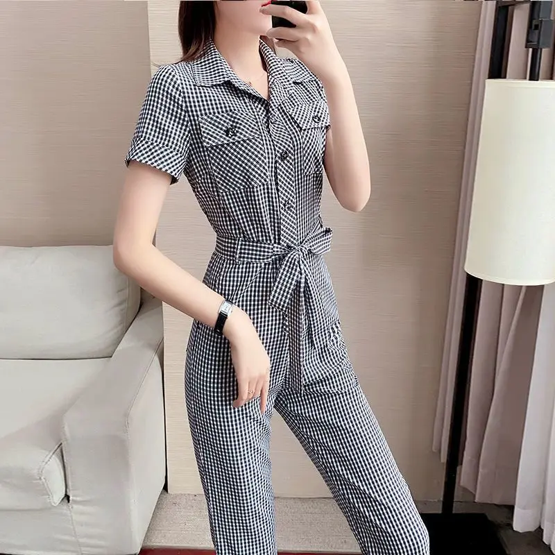 Jumpsuit Women Summer New Button Streetwear Loose Rompers Female High Waist Leisure Jumpsuit Ladies Plaid Straight Jumpsuit O56