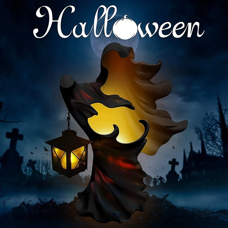 

Hell's Messenger with Lantern Faceless Ghost Sculpture Light Witch Realistic Halloween Statue Decor Solar Light