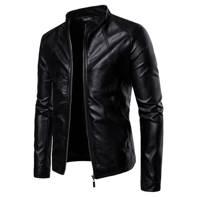 

Fashion Mens Faux Leather Jacket Slim Fit Stand Collar Jacket Male Anti-wind Motorcycle Lapel Jackets Black Men Basic Biker Coat