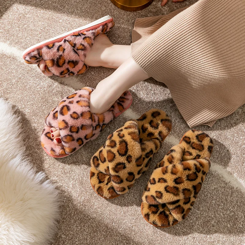 

Leopard pattern plush home floor slippers with cross strap cotton slippers