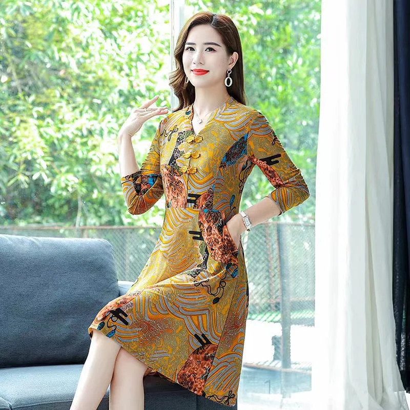 

SS6 Mom's Summer Dress 2023 New Fashionable Middle aged Women's Spring/Summer Thin Fashion 3/4 Sleeve Fragmented Flower Skirt