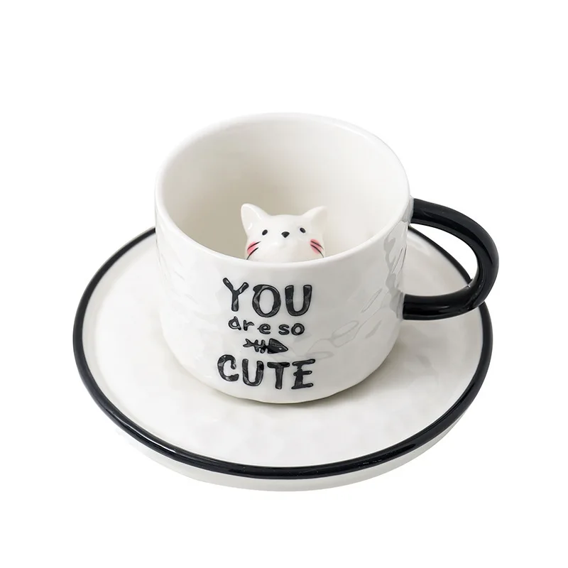 

Carved ceramic cup small animal mug cat coffee cup with cup and saucer household milk cup mugs coffee cups coffee mug mugs