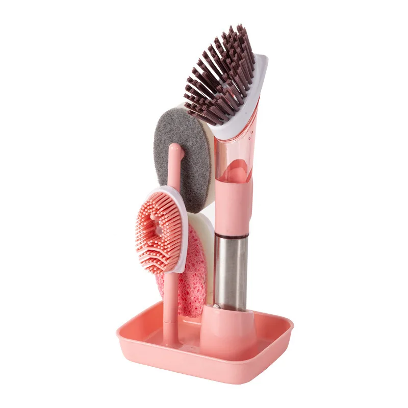

Household Kitchen Cleaning Brush Soap Dispensing Palm Dish Brush Set With 4 Replacement Heads