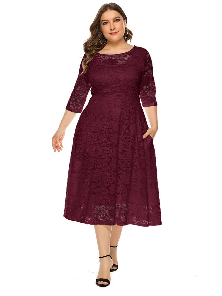 2022 Casual Street For Summer Women Sexy Party Lace Dresses Plus Size Women Clothing Solid Color Fashion O Neck Evening ress