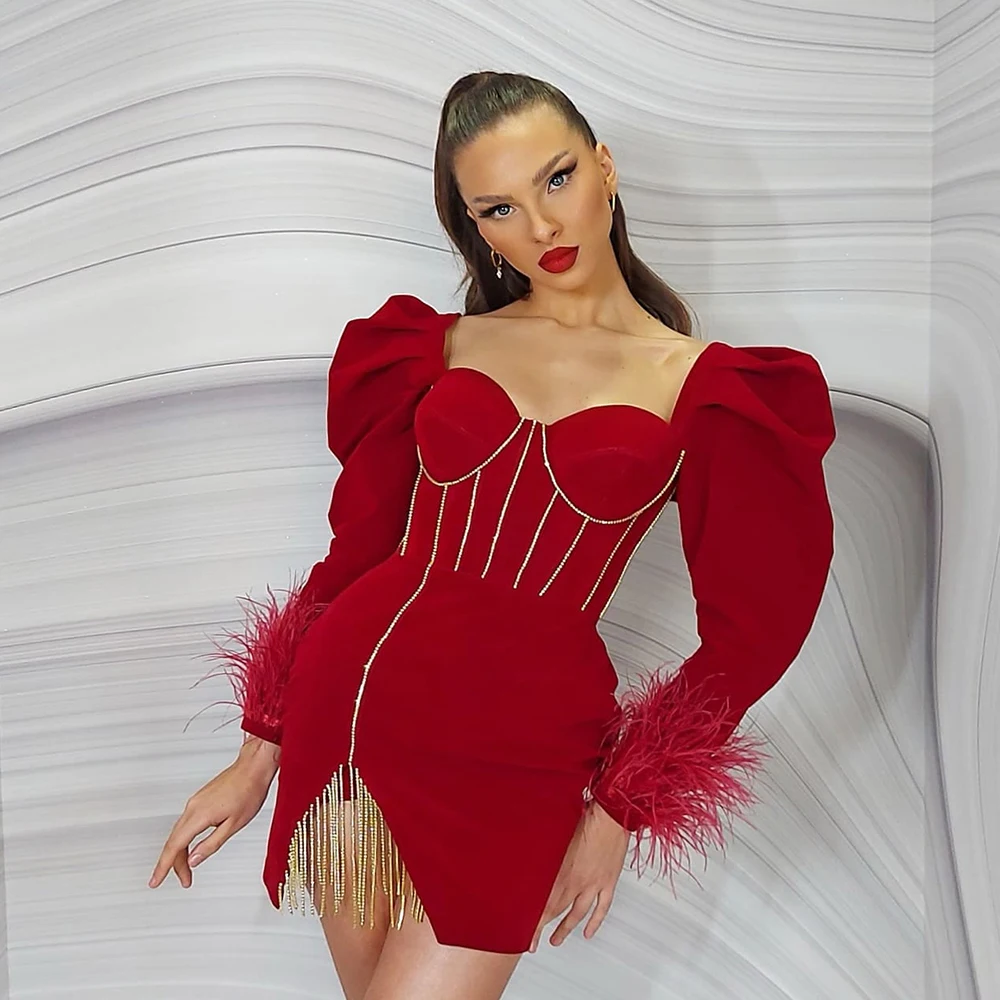 

Red Evening Dresses Sweetheart Crystal Tassel Sheath Pageant Gowns 2022 Feathers Long Sleeves Side Split Sexy Formal Party Dress