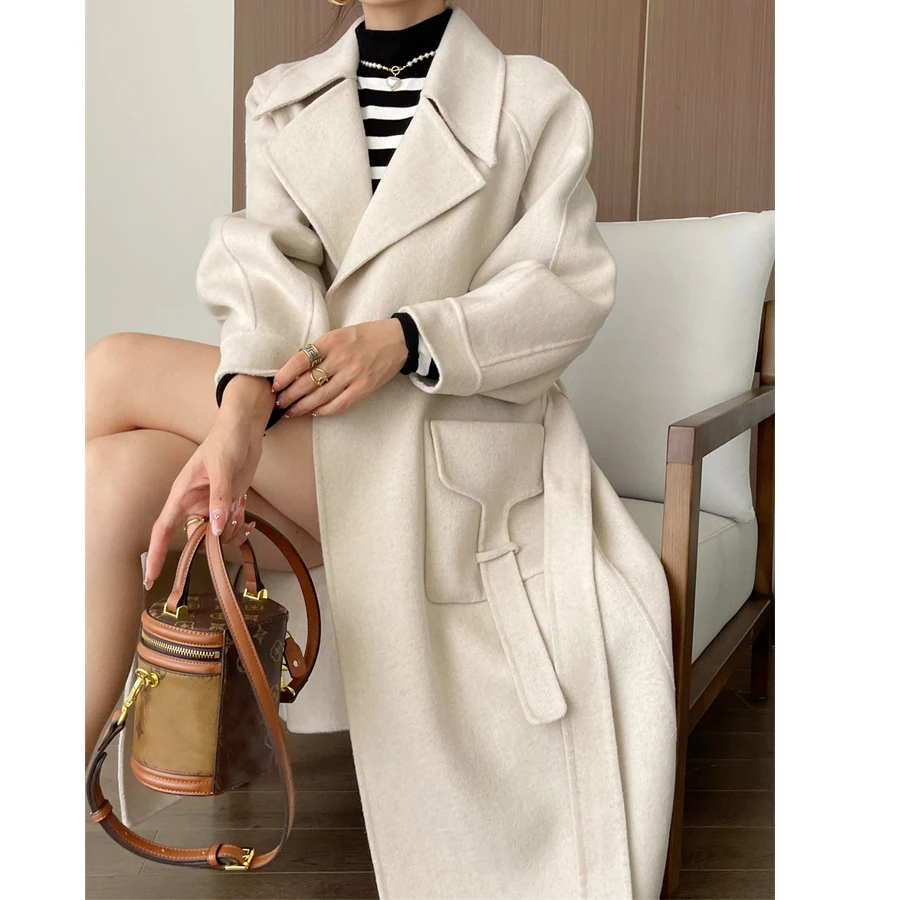 

Autumn 100% Wool Coats Women Turn Down Collar Long Coats With Belt Women Woolen Coat Veste Femme Tops Abrigo Mujer