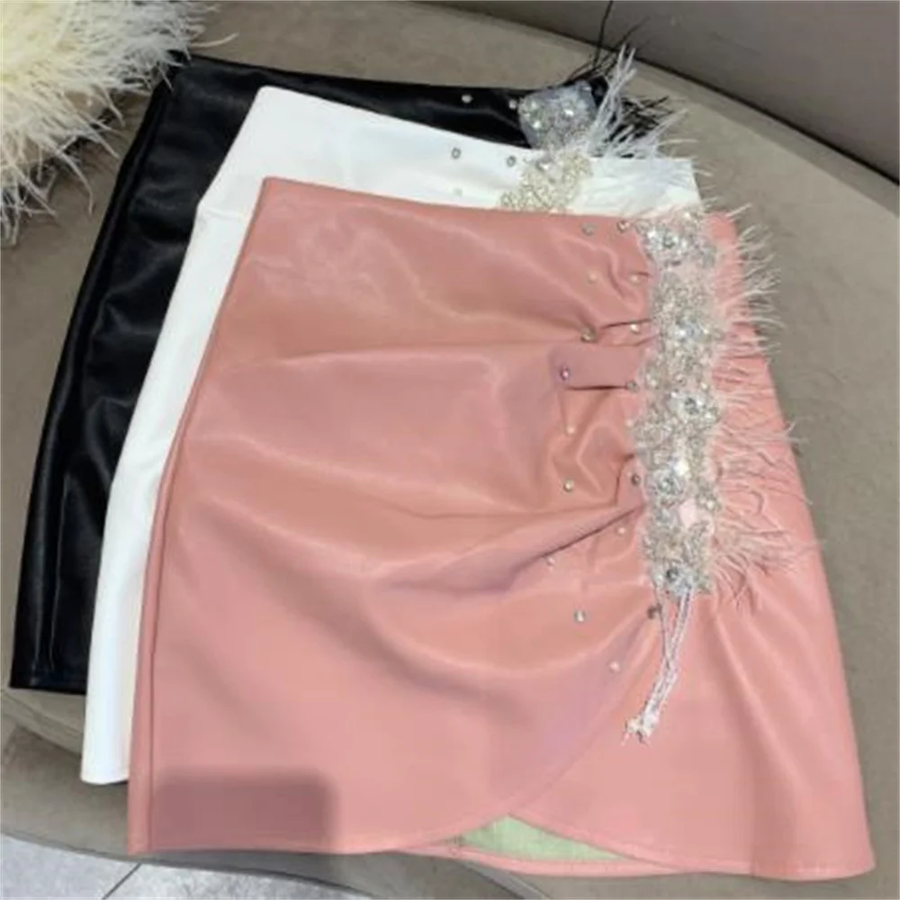 

Feather new women's clothing sweet temperament design rhinestone tassel high waist leather skirt A-line skirt