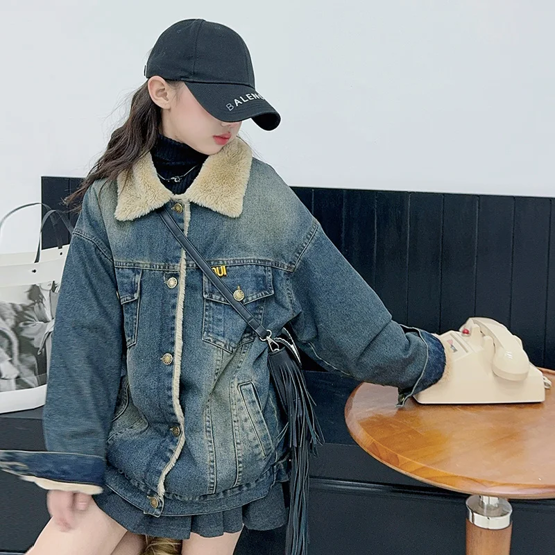 Джинсовая куртка для девочек-подростков ковбойская утепленная верхняя одежда из