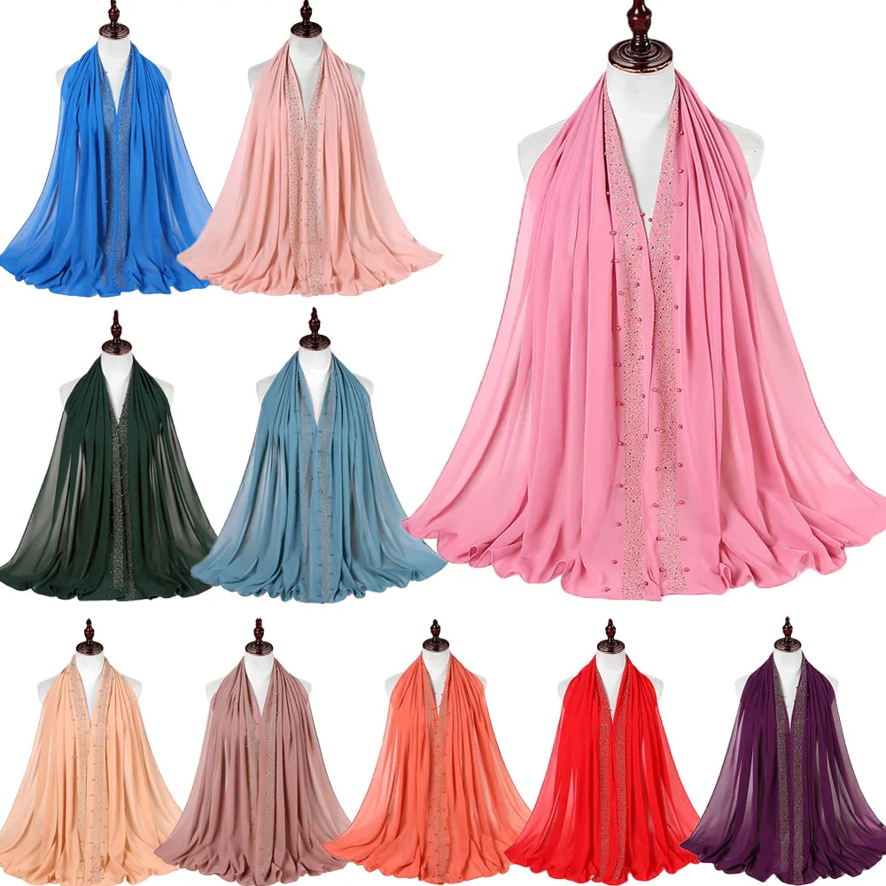 

2022 Spring Summer Bubble Chiffon Muslim Hijab Women Plain Turban Shawl Pearls Diamonds Glitter Long Turkish Head Scarf 75*180CM