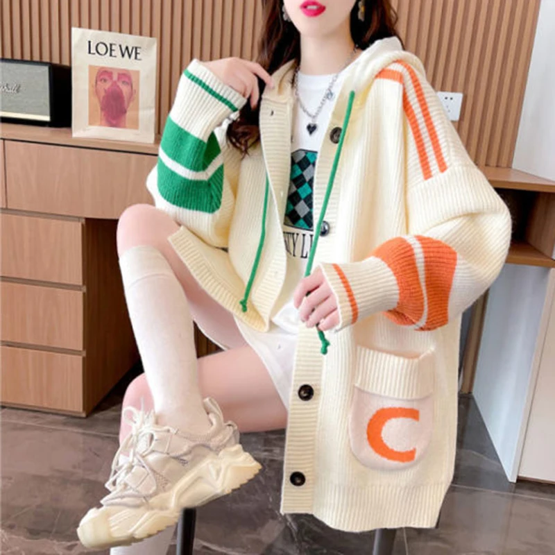 

DAYIFUN Korean Loose Sweaters Oversized Female Cardigan 2022 Spring Autumn Fashion Hooded Knitwear Femme Casual Sweater Coats