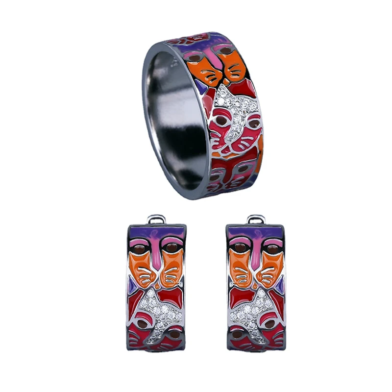 

Комплект украшений для женщин, из кольца и серёжек с покрытием серебром 925 пробы, с белыми фианитами, с красным котом, ручная работа