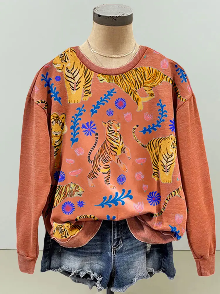 

Женский свободный пуловер с принтом тигра, винтажный свитшот с леопардовым принтом и длинным рукавом, осень