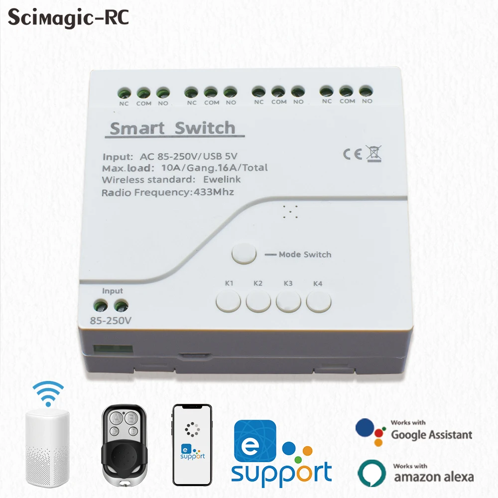Ewelink 4CH Smart WiFi Switch RF433MHZ Control 7-32V 85-250V Модуль автоматизации Реле работает с Alexa Google Home