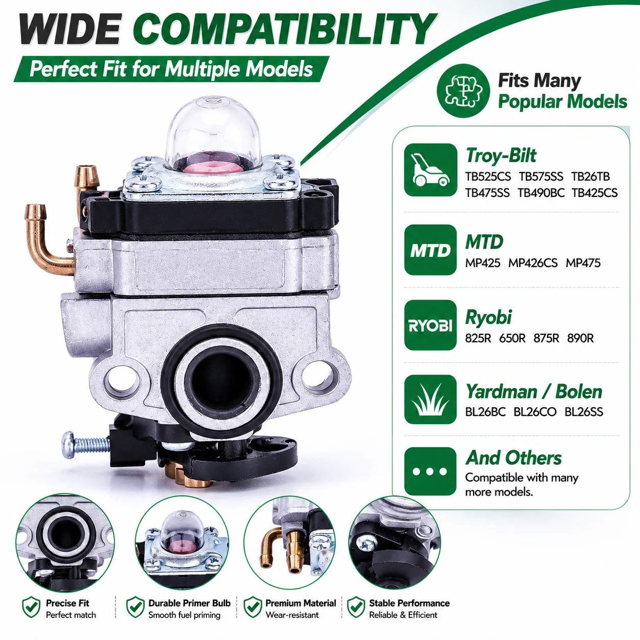 Фото Комплект карбюратора для Troy-Bilt TB525CS TB575SS TB475SS TB490BC TB425CS MTD MP425 MP426CS MP475 Ryobi 825R 650R, замена 753-1225 №3
