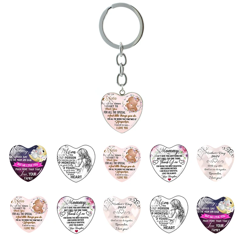 

To My Mom I love you keychain keying Heart Shaped Glass Carbochon Inspirational phrase key chain for Mother Gift jewelry FCX47