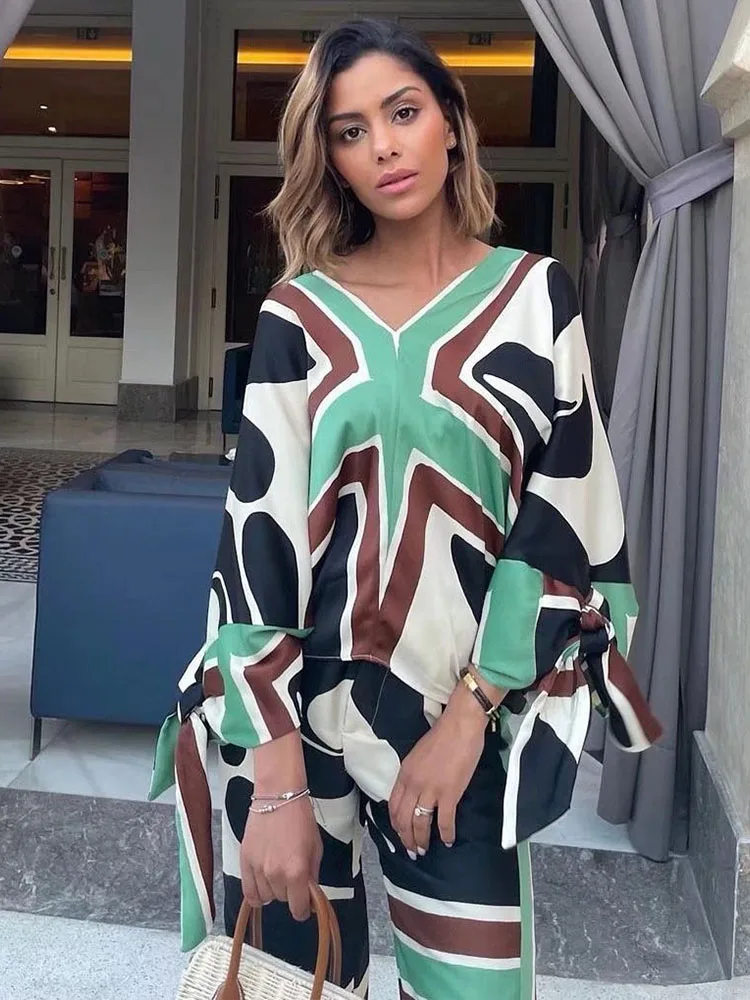 

Женская одежда, Новинка весна-лето 2022, топ с бантом и принтом, женский свитер, рубашка с V-образным вырезом, шикарные брюки с широкими штанинами