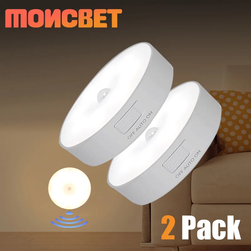 Motion Sensor Light 2-Pack LED Night Lights Bedroom Lamp Room Decor Detector Wall Lamp Kitchen Stair Closet Cabinet Lighting