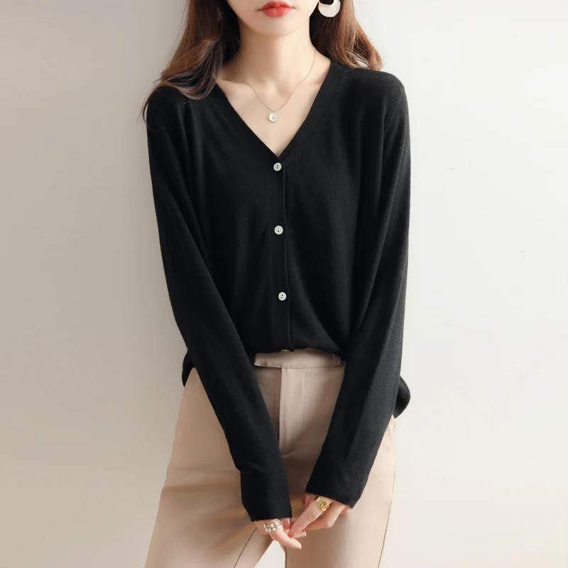 

Worsted Wool Cardigan Women's Short Sweater Coat Loose Spring And Autumn New Style Knitted Sweater V-Neck Outer Wear Top