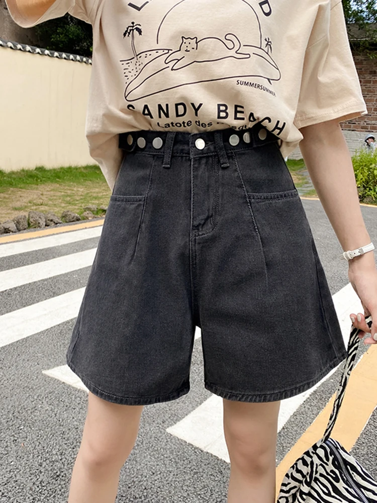 New Spring Summer Women High Waist Loose Blue Denim Shorts Casual Female Wide Leg Button Jeans Shorts Ladies Bottoms