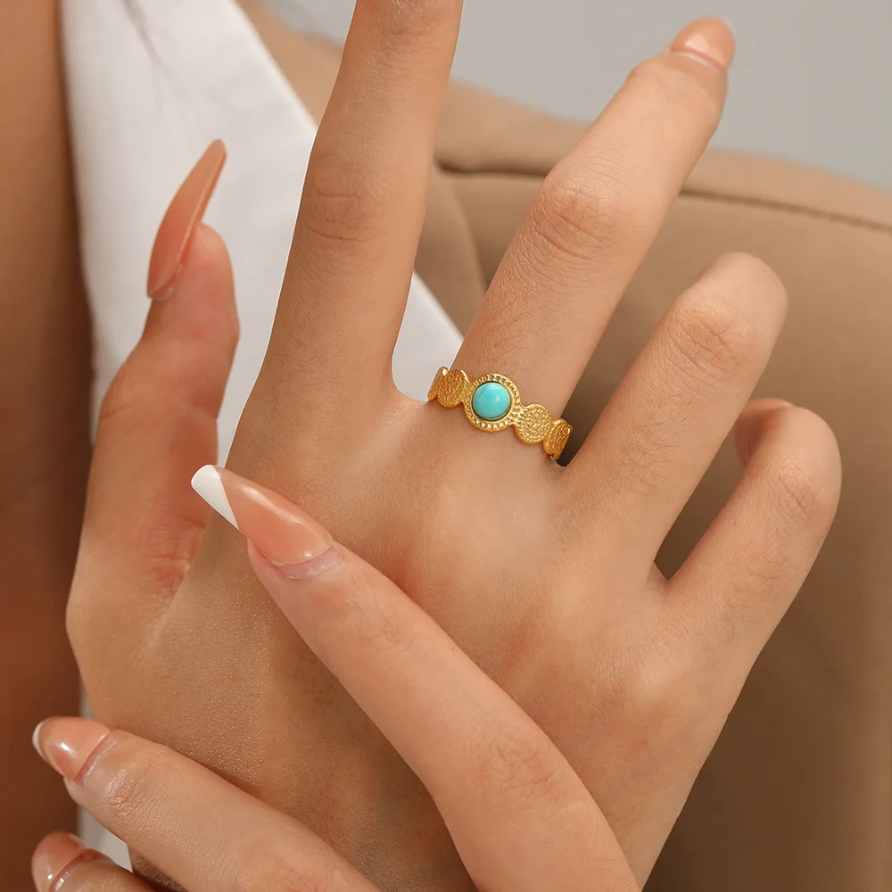 

Turquoise/Peacock Stainless Steel Ring 18K Gold-plated Adjustable Ring with Opening Individualized Retro Trend Rings for Women