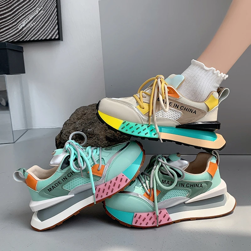 

Women Casual Flats Platform Dad Shoes Ladies Chunky Sneakers Breathable Mesh Thick Sole Non-slip Classic Colorful Lace-up Soft