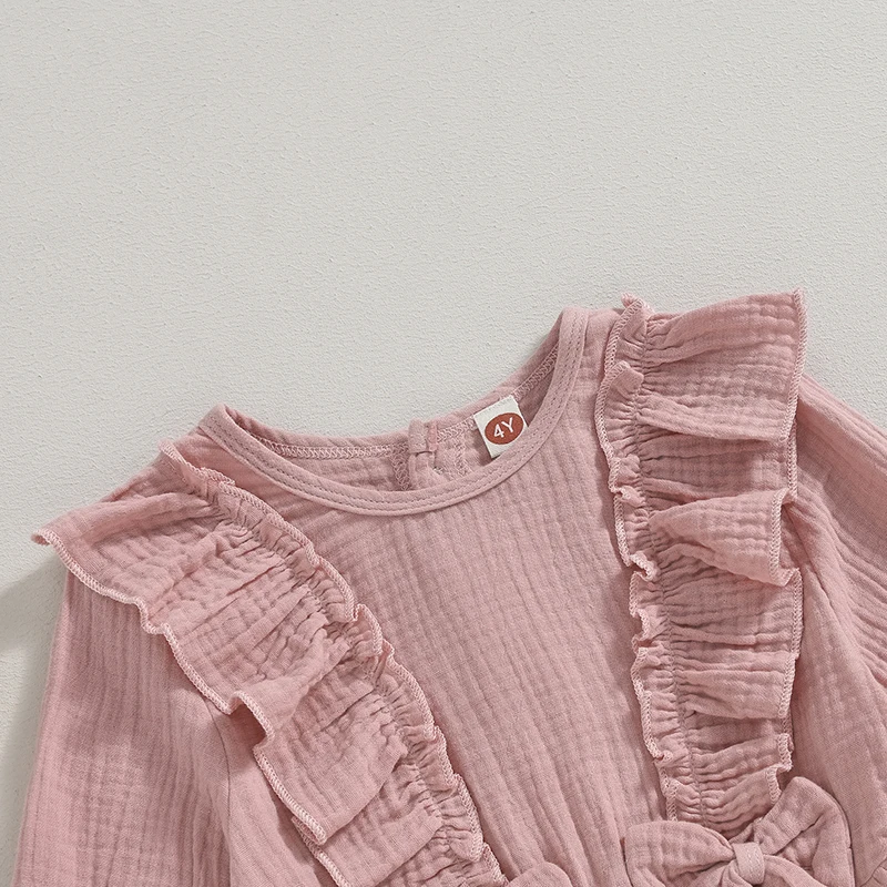 

Children Baby Girls Fall Pink Long Sleeve Pleated Ruffle Dress with Bow Decor Toddler A-line Dress Clothes