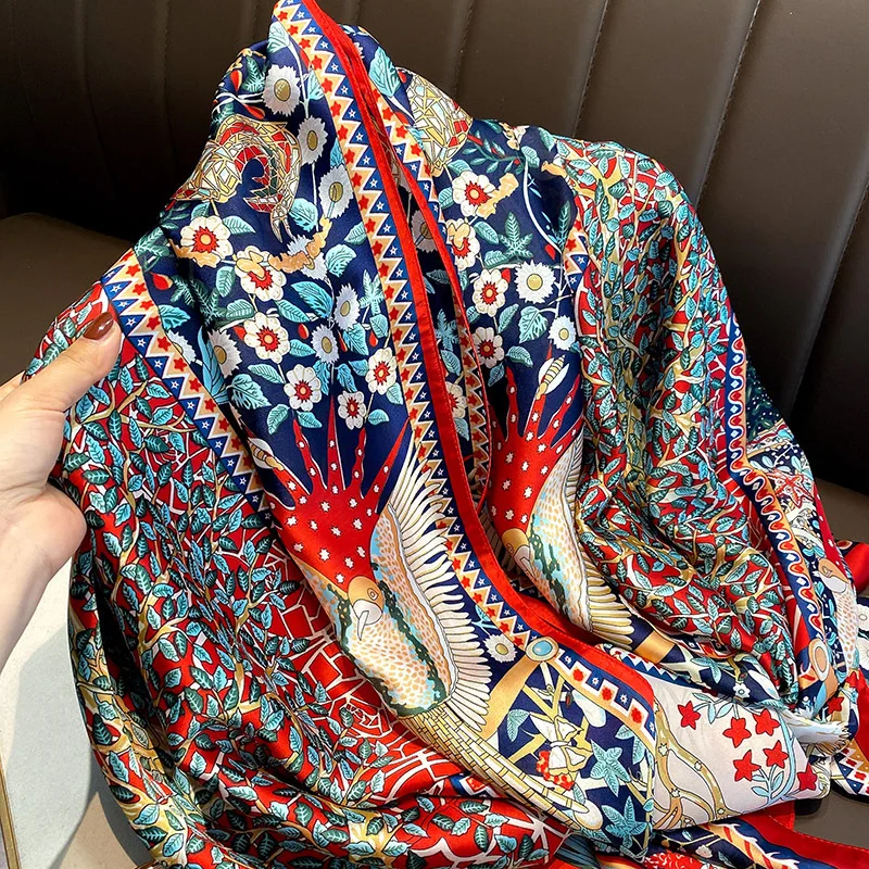 

Luxury Flower Bird Print Women Silk Scarves Warm Neckerchief Summer Air Conditioner Warmth Scarf Female Wedding Decorate Shawl