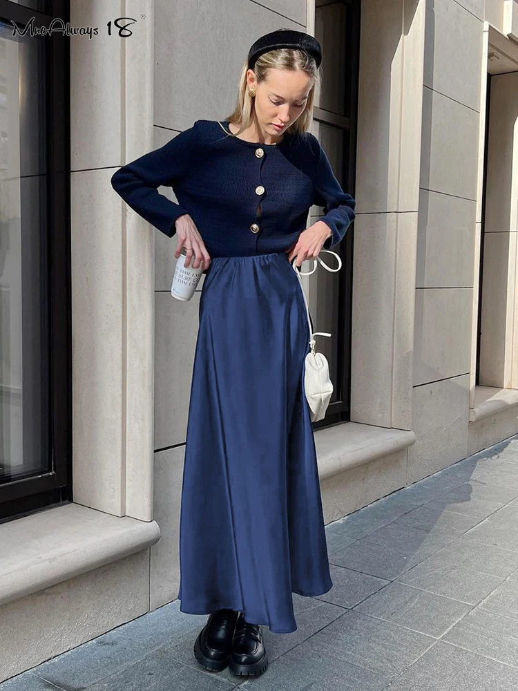 

Mnealways18 темно-синие атласные женские элегантные юбки до щиколотки с высокой эластичной талией трапециевидные длинные юбки однотонные офисные женские черные юбки