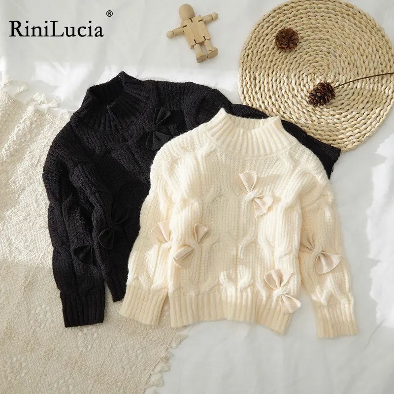 

RiniLucia Casual Kids Girl Boy Knit Sweaters Autumn Winter Solid Color Bowknot Loose Children O-neck Long Sleeve Pullover Tops