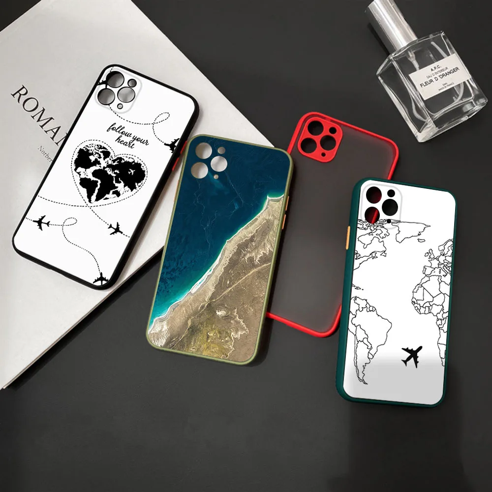 Translucent Phone Case For iPhone 16 15 14 7 8 Plus 13 12 11 Pro Max X XR XS SE Mini Luxury World Map Travel Matte Back Cover