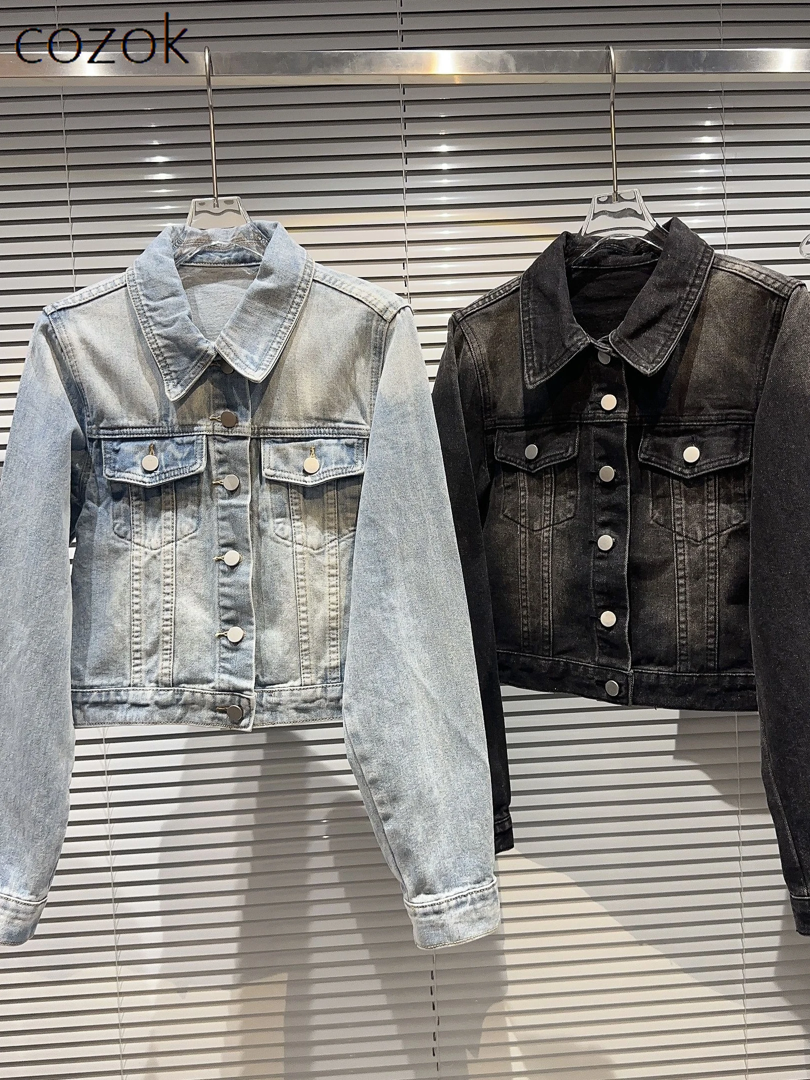 

Fashion Denim Jacket 2023 Autumn New Streetwear Double Pocket Wash Gradient Color Denim Short Coat Elegant Lady Loose Jackets