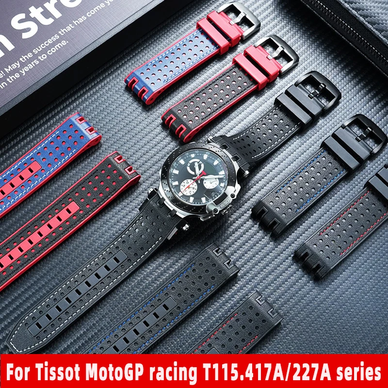 Фото Высококачественный ремешок для часов Tissot MotoGP T-Sport Racing серии T115.417 T115.427A, кожаный ремешок с вырезами и резиновой вставкой. №1
