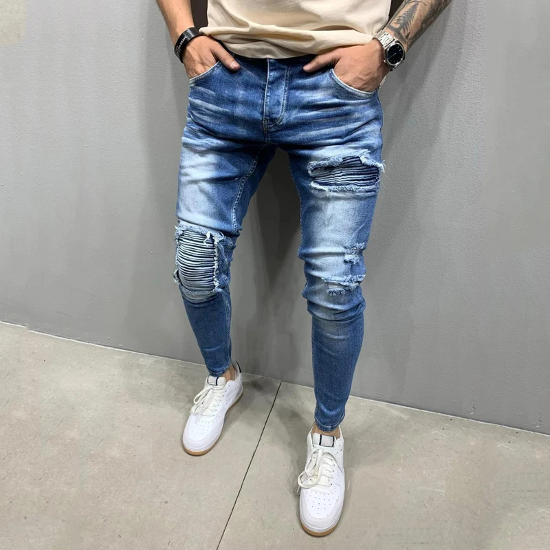 High quality street men's European and American men's ripped elastic skinny jeans torn trousers youth student casual trend pants