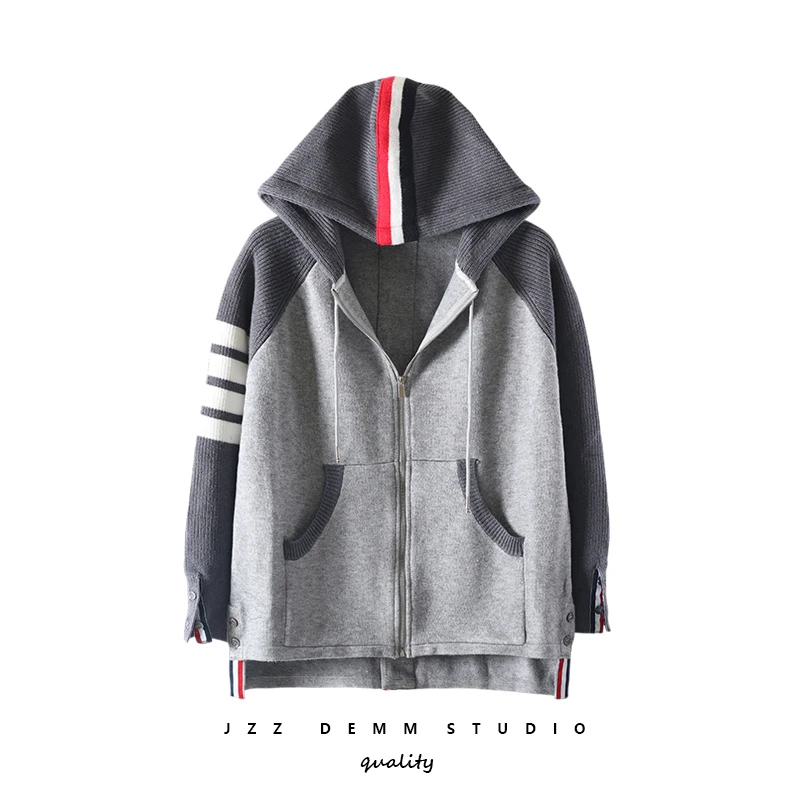 TB spring, autumn and winter three-color striped stitching top cardigan coat hooded loose long-sleeved sweater women's tide