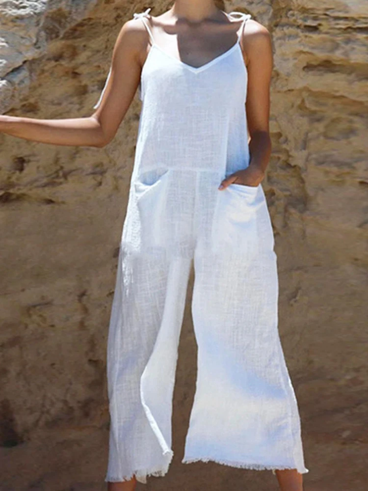 

Women Sexy V Neck Tie-up Sling Jumpsuit Solid Cotton Linen Loose Straight Playsuit Overalls Casual Pocket Wide Leg Pants Romper