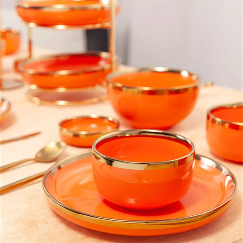 

High-quality Bright Gilt Rim Orange Porcelain Dinner Tray Kitchen Plates Ceramic Tableware Food Dishes Rice Salad Noodles Bowl