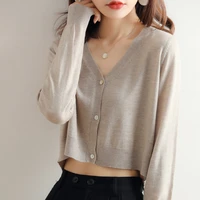 spring and summer short knitted fine imitation wool cardigan womens v neck solid color loose long sleeved slim top thin section