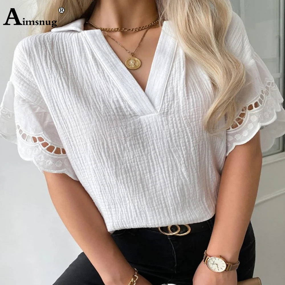 Women Latest Casual V-neck Shirt Loose Solid Blouse Half Sleeve Lace Splice Tops Ladies Elegant Tunic blusas Femme Clothing 2022