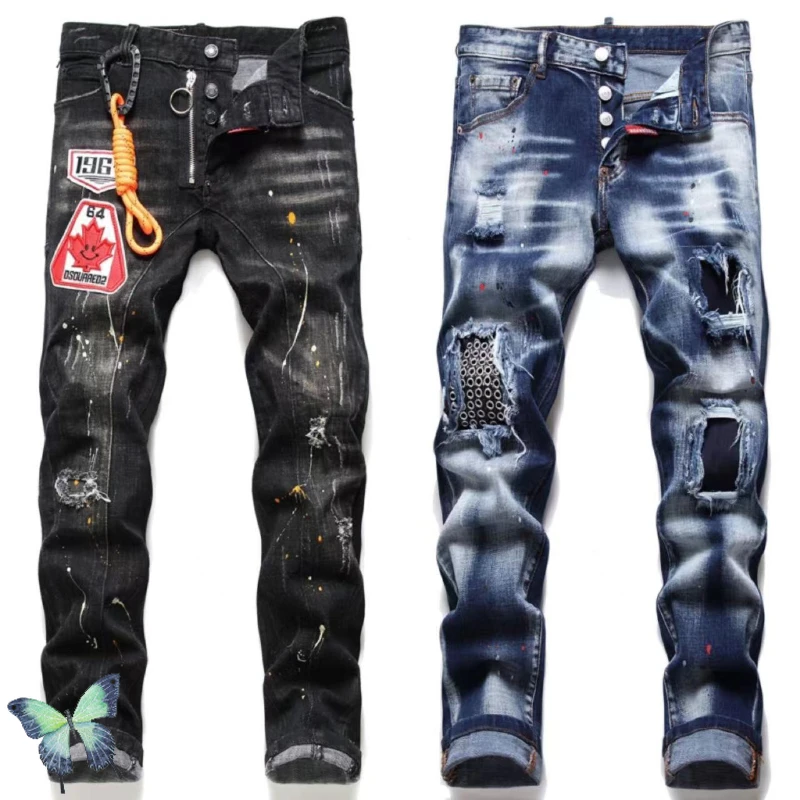 

Key Chain Decorate Button Fly DSQ2 Men Casual Denim Pants Fashion Ripped Hole DSQ Jeans Men
